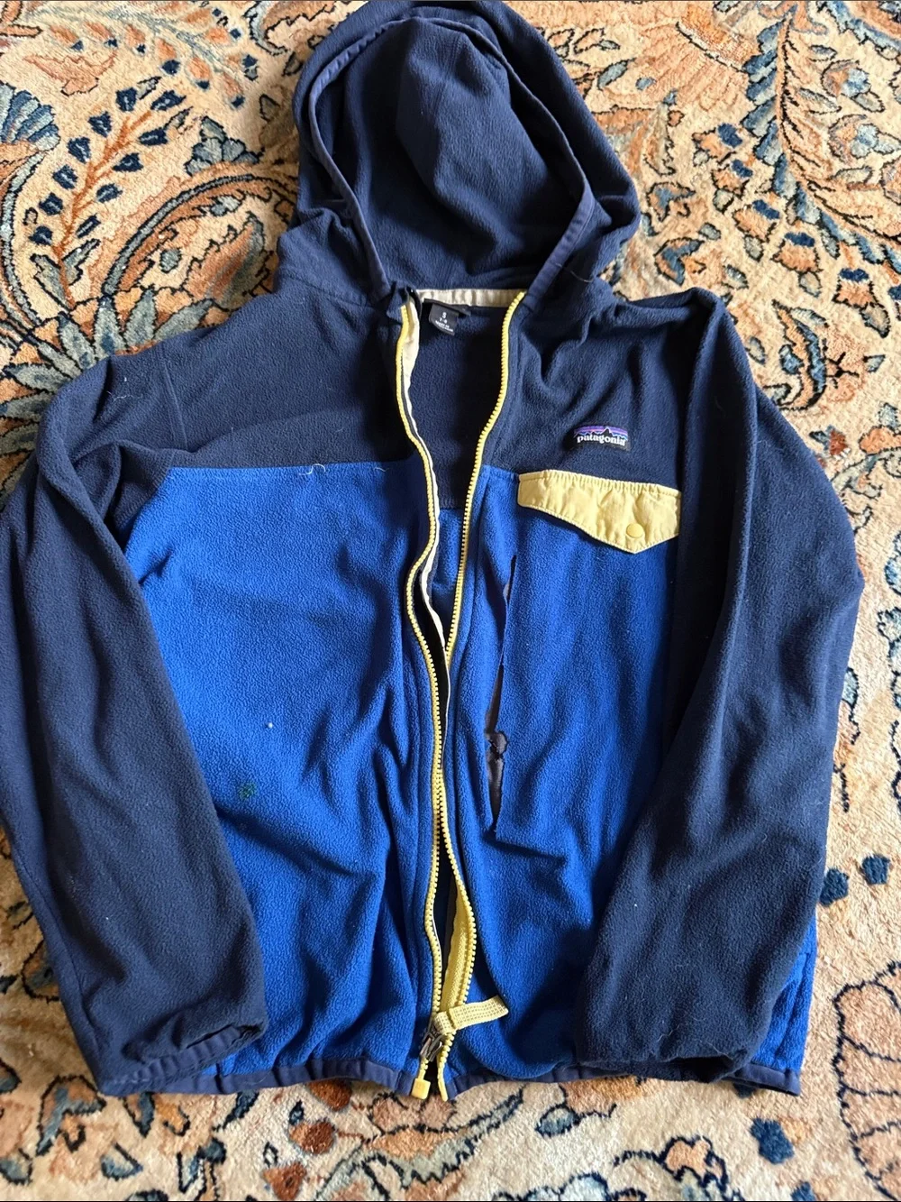 Patagonia Navy Blue Zip Fleece Hoodie with Yellow 7-8 well loved rips stains 💙💛